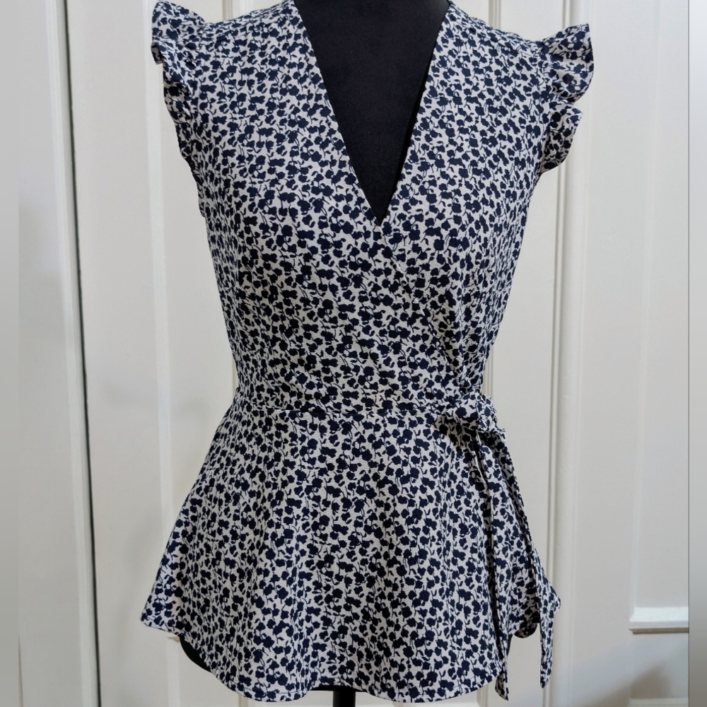Blue And White Faux-Wrap Top